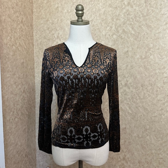 Max Studio Tops - VTG Y2K 2000s Brown Tone Bronze Sheer See Through Velvet Floral Burnout Top